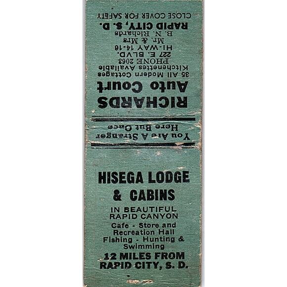 None Other - Hisega Lodge Cabins Richards Auto Court Rapid City SD Vtg Matchbook Cover SC7-Y9